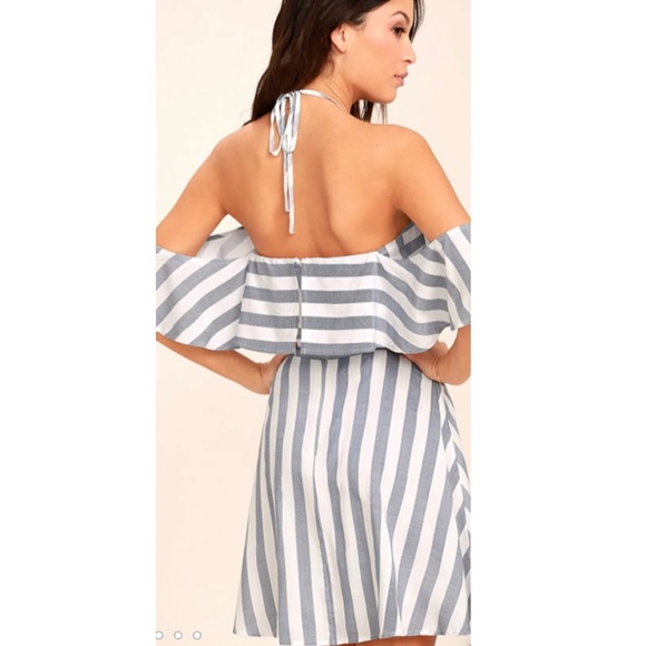Lulu’s The Wind Is Right Blue and White Striped Off-the-Shoulder Dress *NWT* - Picture 3 of 11